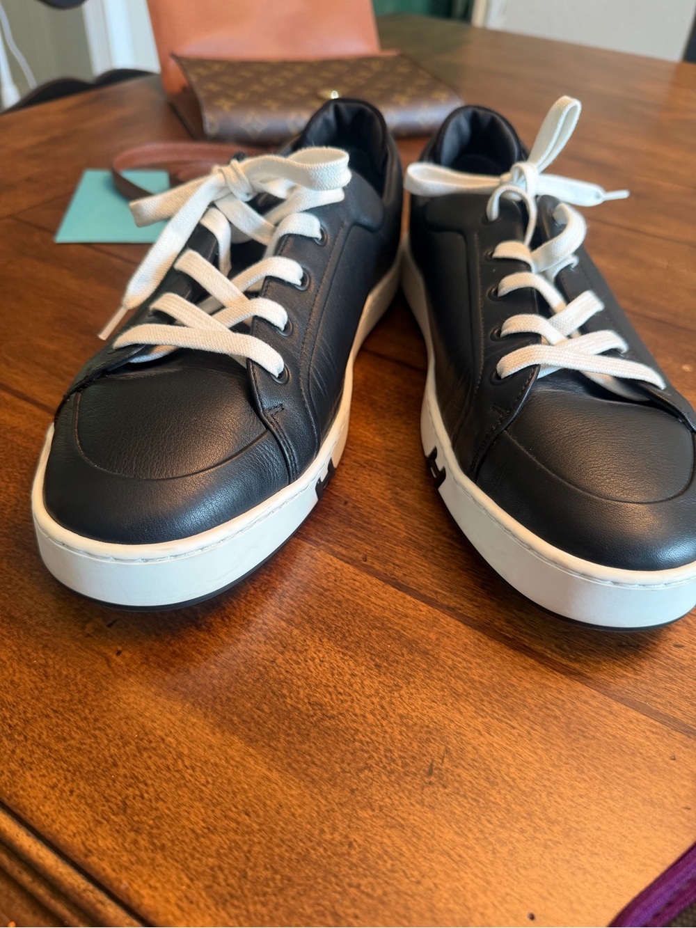 Hermes Black Leather Low-Top Sneakers with White Soles and Laces